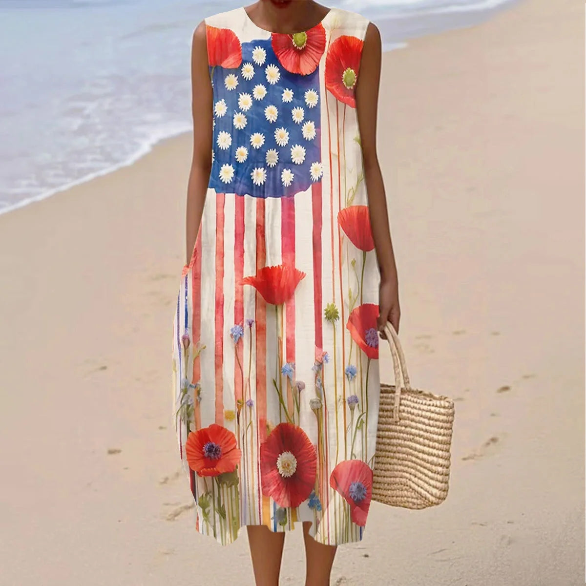 Vintage Independence Day Floral Art Linen Casual Tank Dress artswardrobe