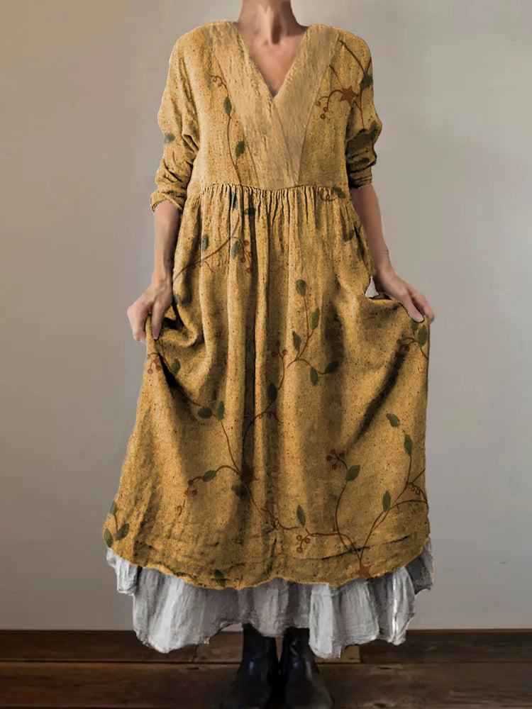 Women's Flower Art Print V-Neck Pocket Cotton Dress