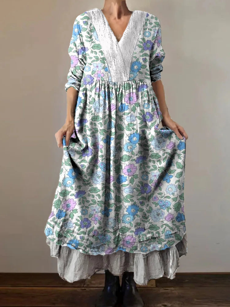 Women's Flower Art Print V-Neck Pocket Cotton Dress