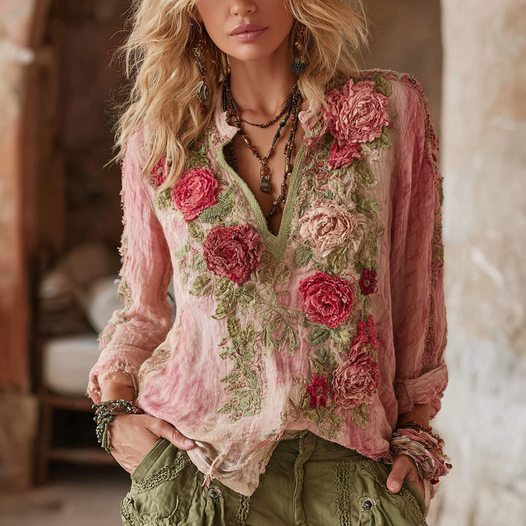 Women's Vintage Floral Linen Long Sleeve T-shirt artswardrobe