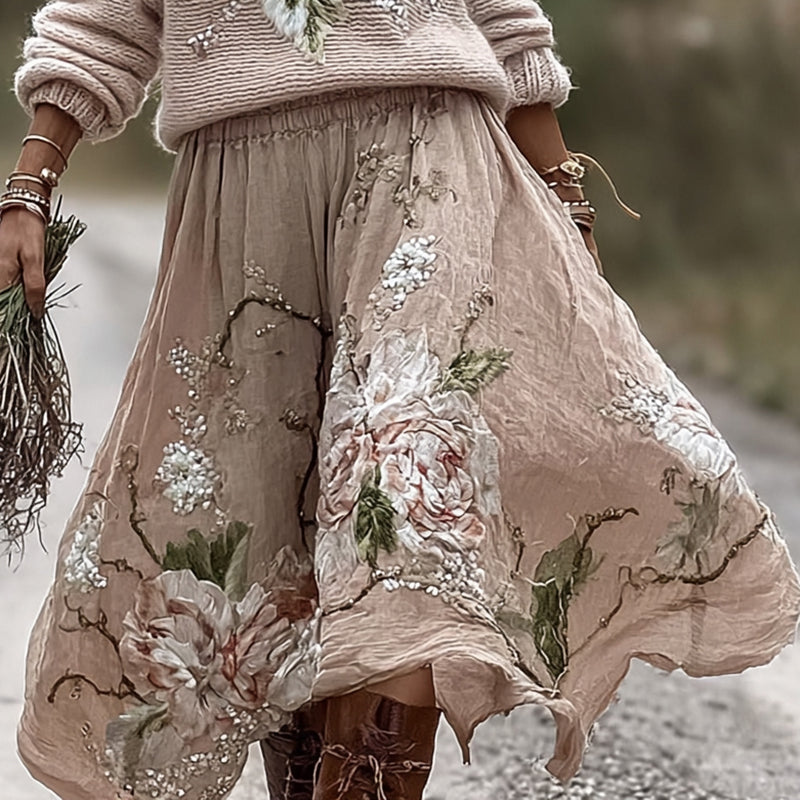 Vintage Rose In Pink Art Cozy Knit Turtleneck Sweater And Linen Skirt Two-piece Set artswardrobe