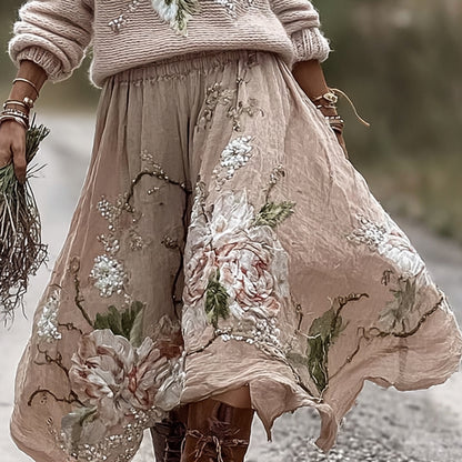 Vintage Rose In Pink Art Cozy Knit Turtleneck Sweater And Linen Skirt Two-piece Set artswardrobe