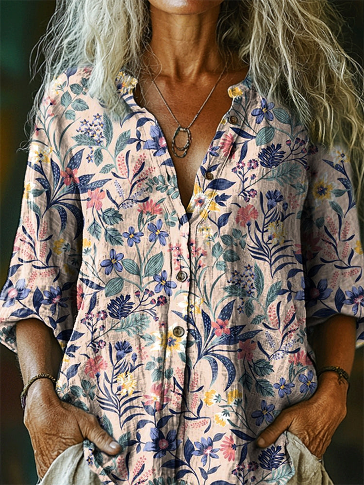 Women's Vintage Floral Tattoo Pattern Art Print Linen Cotton Casual Sh