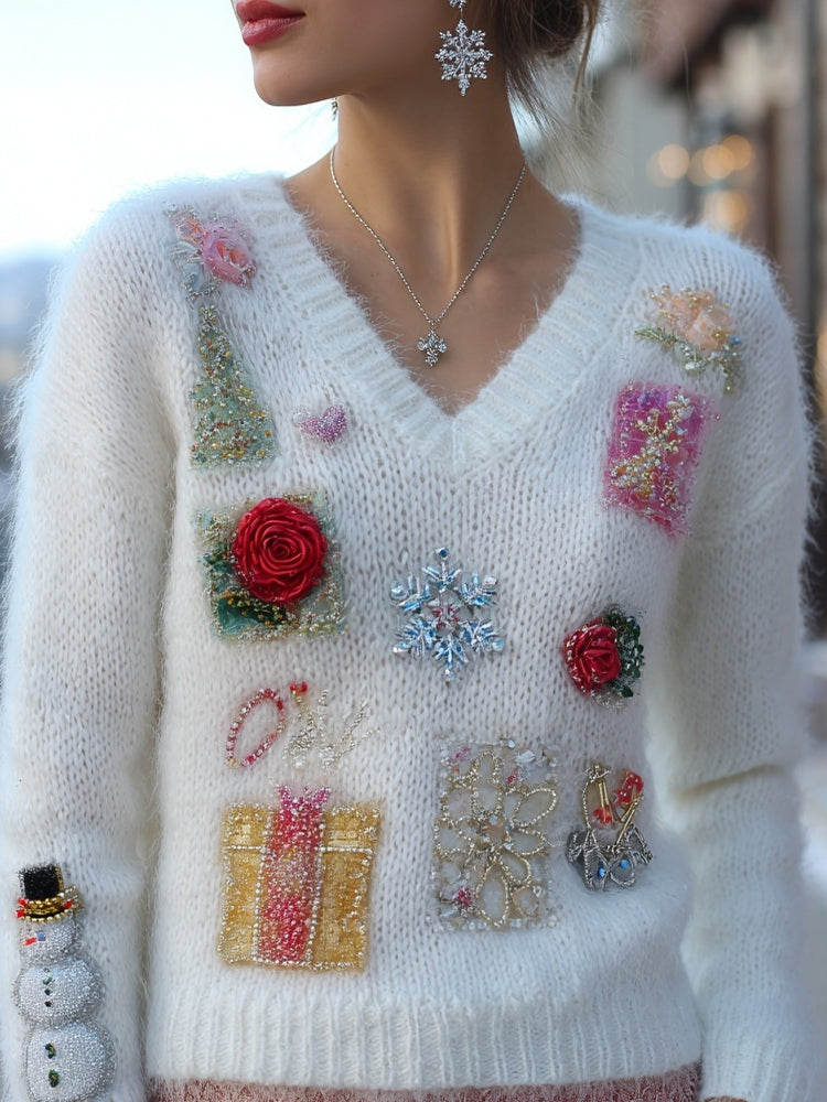 Christmas Inspired Embroidered V Neck Cozy Sweater artswardrobe