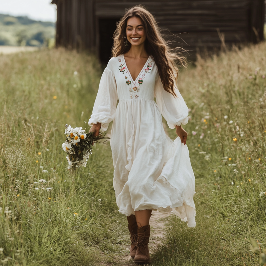 Spring Girl Green Pastoral Style Floral Embroidery Pattern Art Linen V-neck Maxi Dress artswardrobe