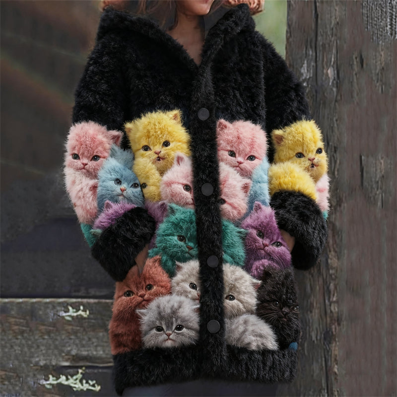 Comstylish Lovely Colorfulk Cats Fuzzy Knit Hooded Cardigan