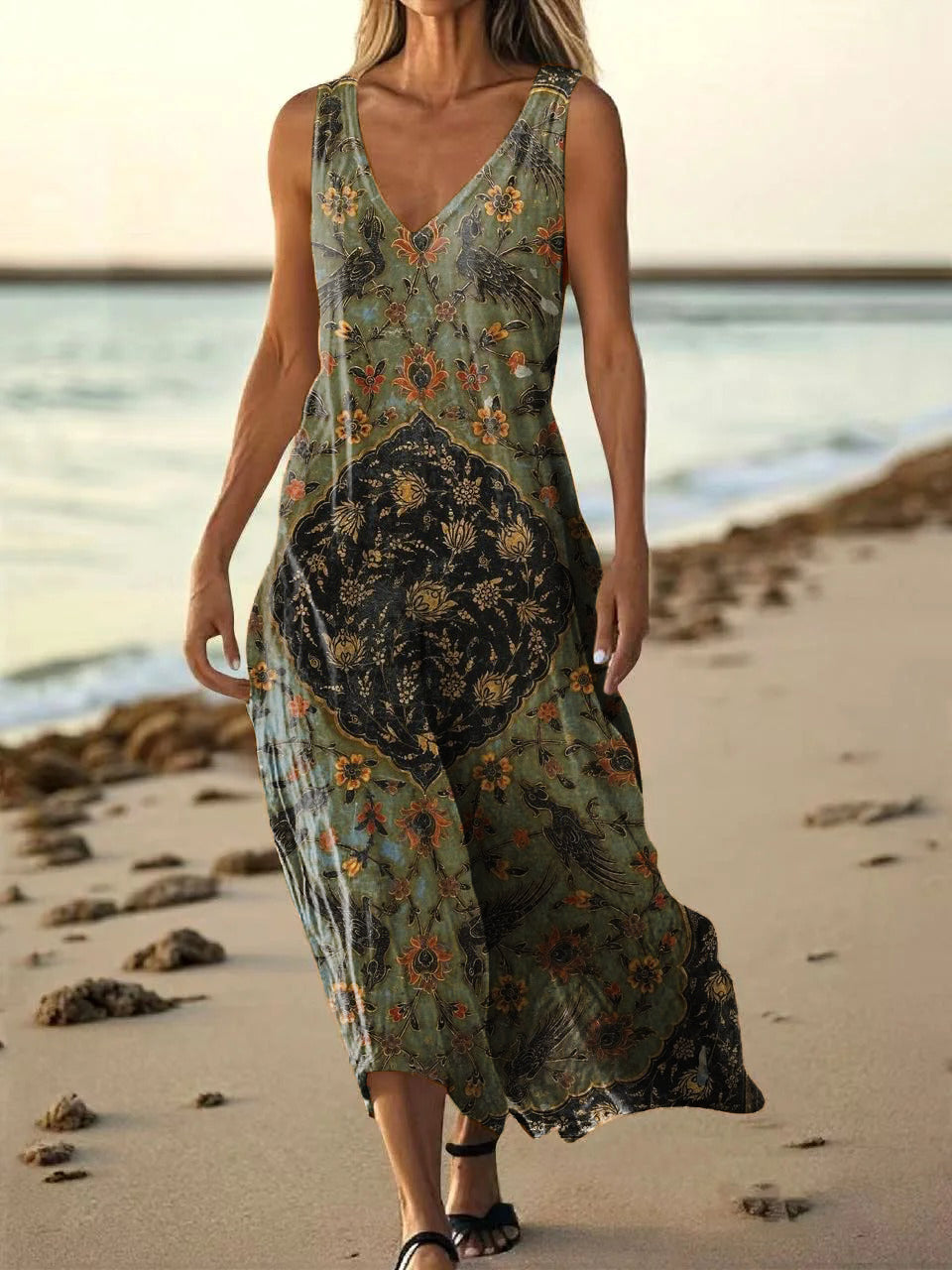 Women's Vintage Ethnic Floral Art Print Pocket Cotton Dress