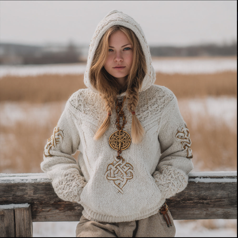 Women's Viking Style Celtic Knot White Hooded Sweater artswardrobe