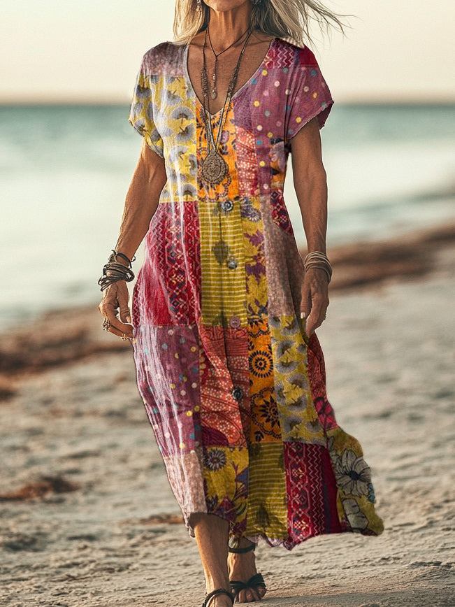 Women's Vintage Floral Art Print Pocket Cotton Dress