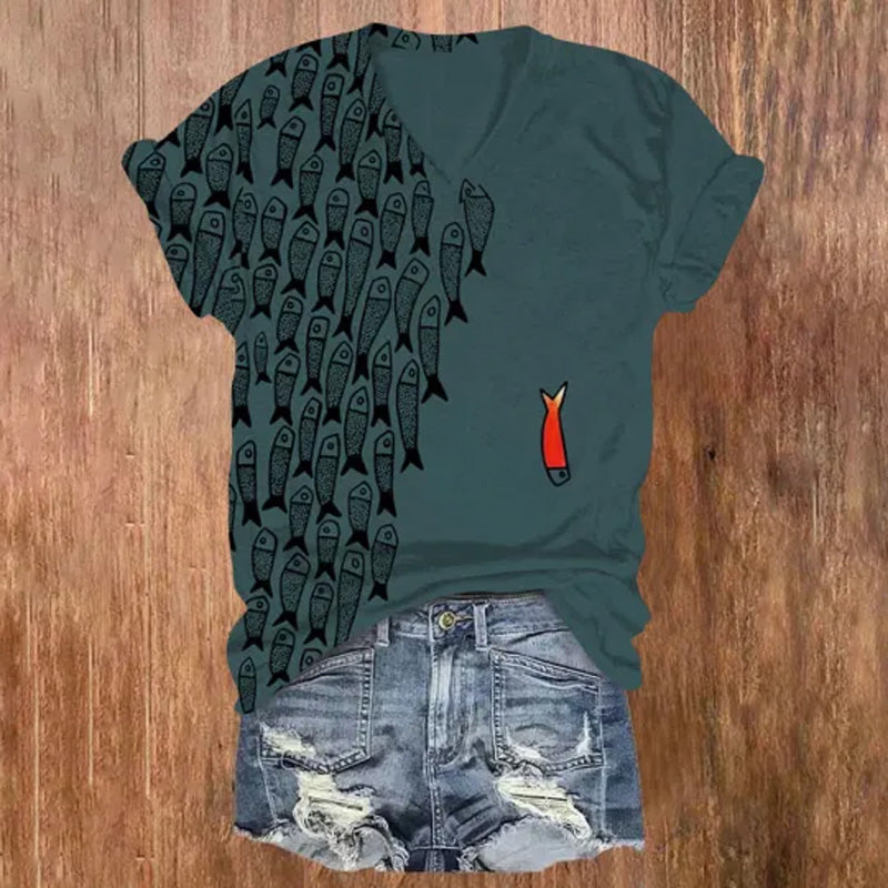 Comstylish Cute Simple Lines Abstract Geometric Fish Art Print V-neck T-shirt