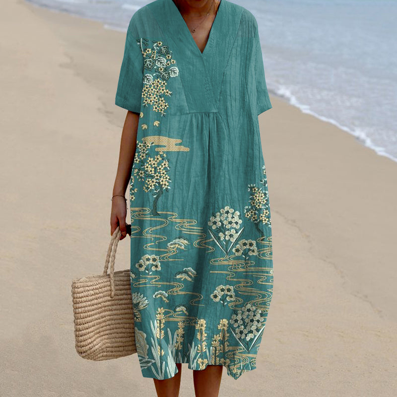 Comstylish Vintage Floral Art Casual V Neck Short Sleeve Midi Dress