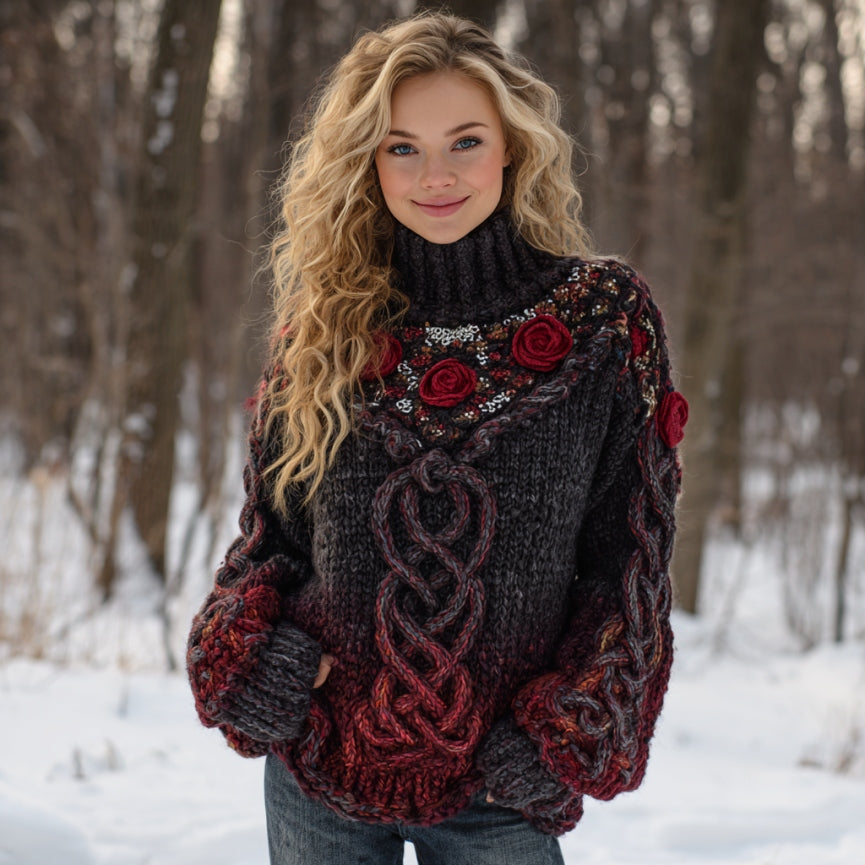 Comstylish Vintage Tribal Celtic Roses Gradient Art Cozy Knit Turtleneck Sweater