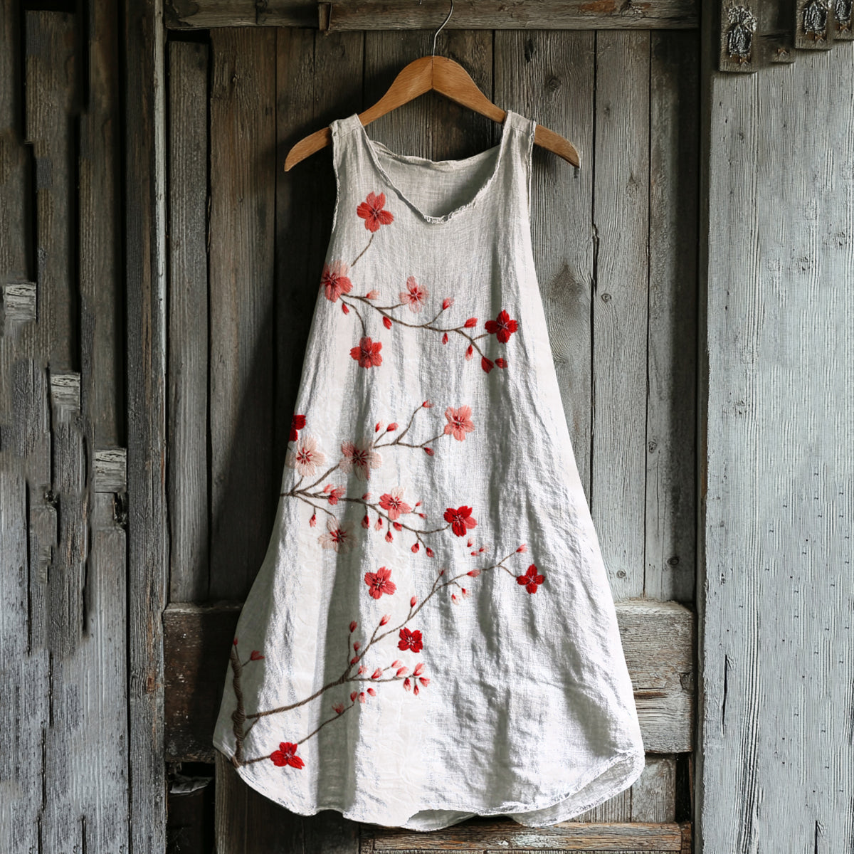 Vintage Cherry Blossom Art Linen Blend Tank Dress artswardrobe