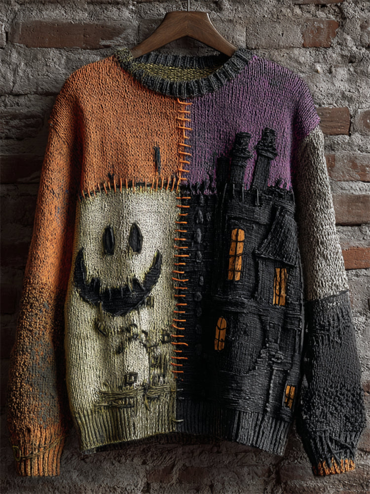 Halloween Spooky Face & Castle Colorblock Stitched Cozy Knit Cardigan artswardrobe