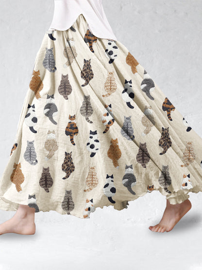 Comstylish Cute Cats Embroidery Pattern Linen Blend Skirt