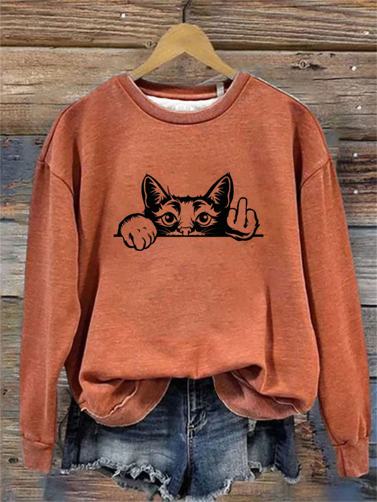 Women's Casual Funny Black Cat Print Sweatshirt elevenforest