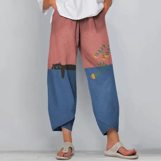 Comstylish Abstract Creative Lazy Black Cat Painting Art Casual Pants