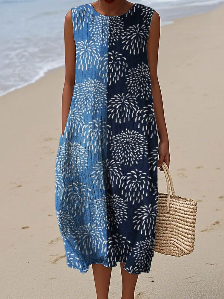 Comstylish Summer Fireworks Japanese Lino Contrast Linen Dress