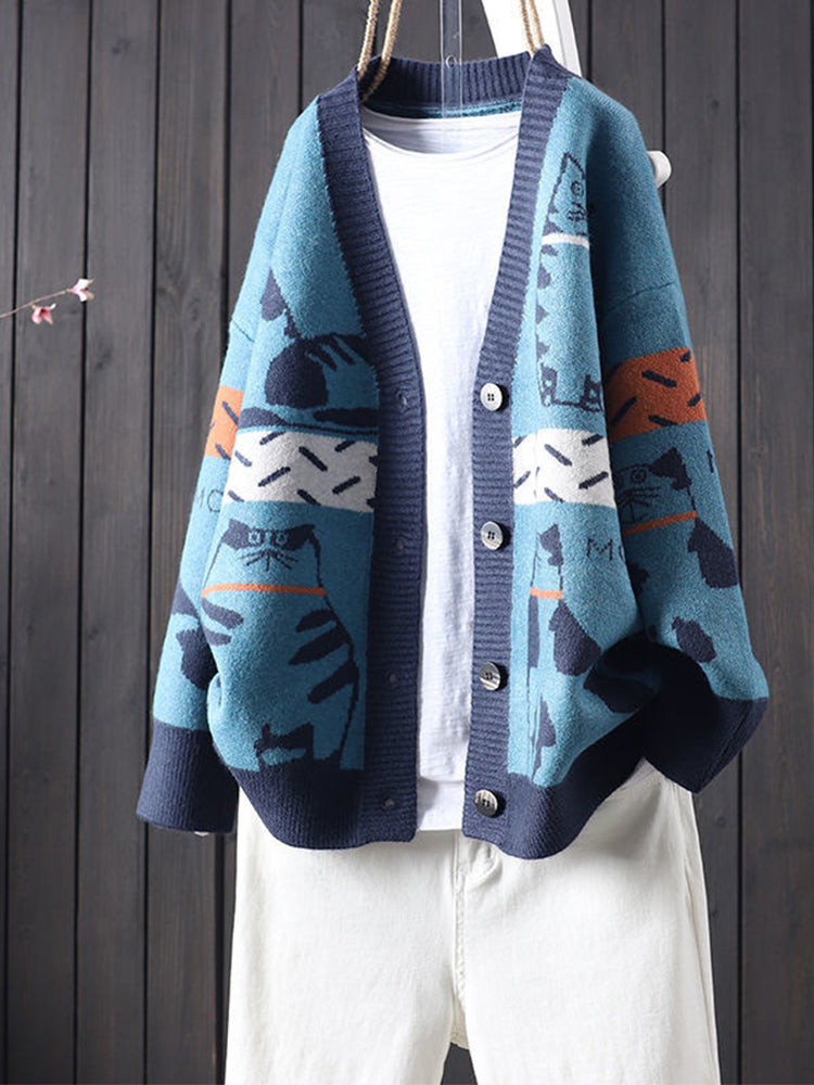 Cute Cat Pattern Loose Fit Comfy Knit Cardigan elevenforest