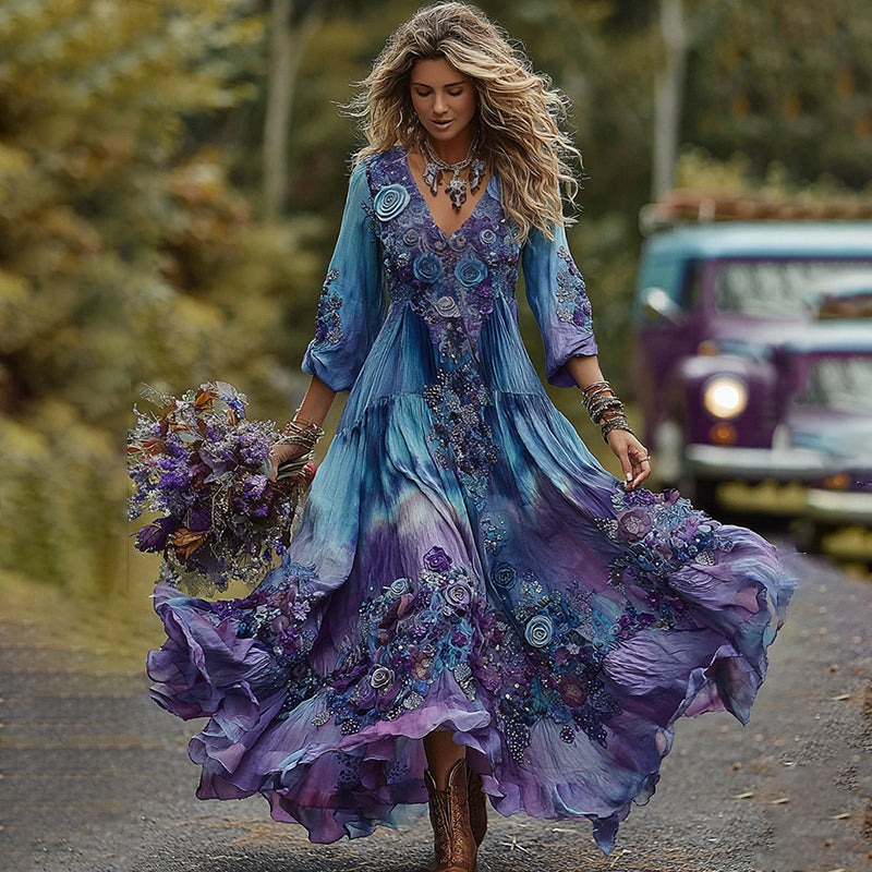 Vintage Purple And Blue Lavender Patchwork And Floral Embroidered Art Linen Maxi Dress artswardrobe