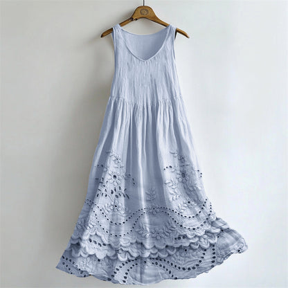 Cottage Floral Lace Embroidered Flowy Linen Tank Dress artswardrobe