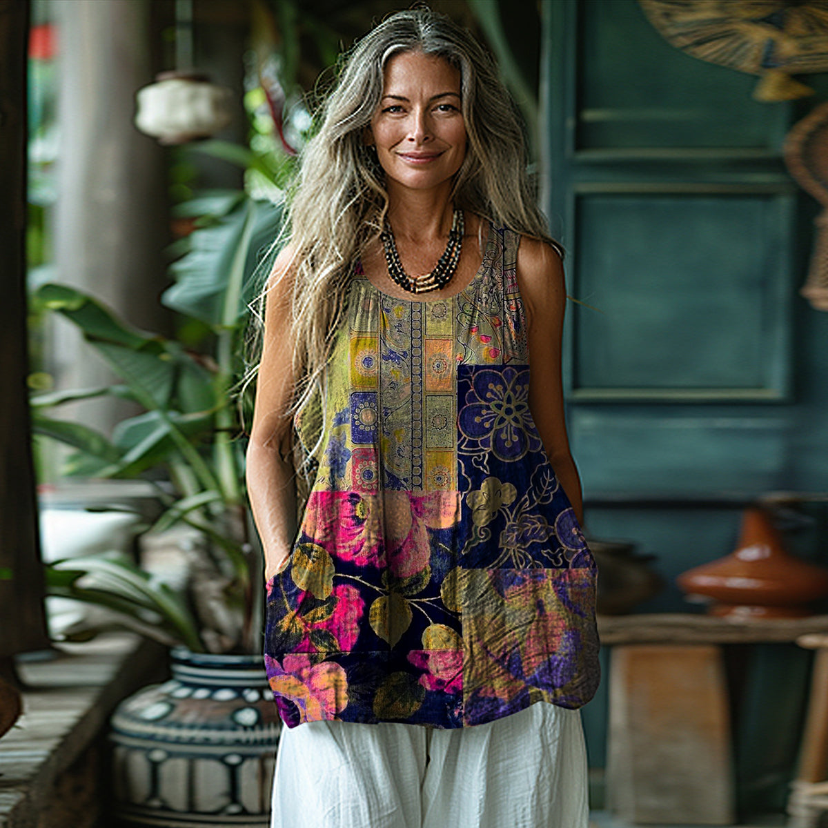 Comstylish Women's Vintage Floral Patch Cotton And Linen Vest