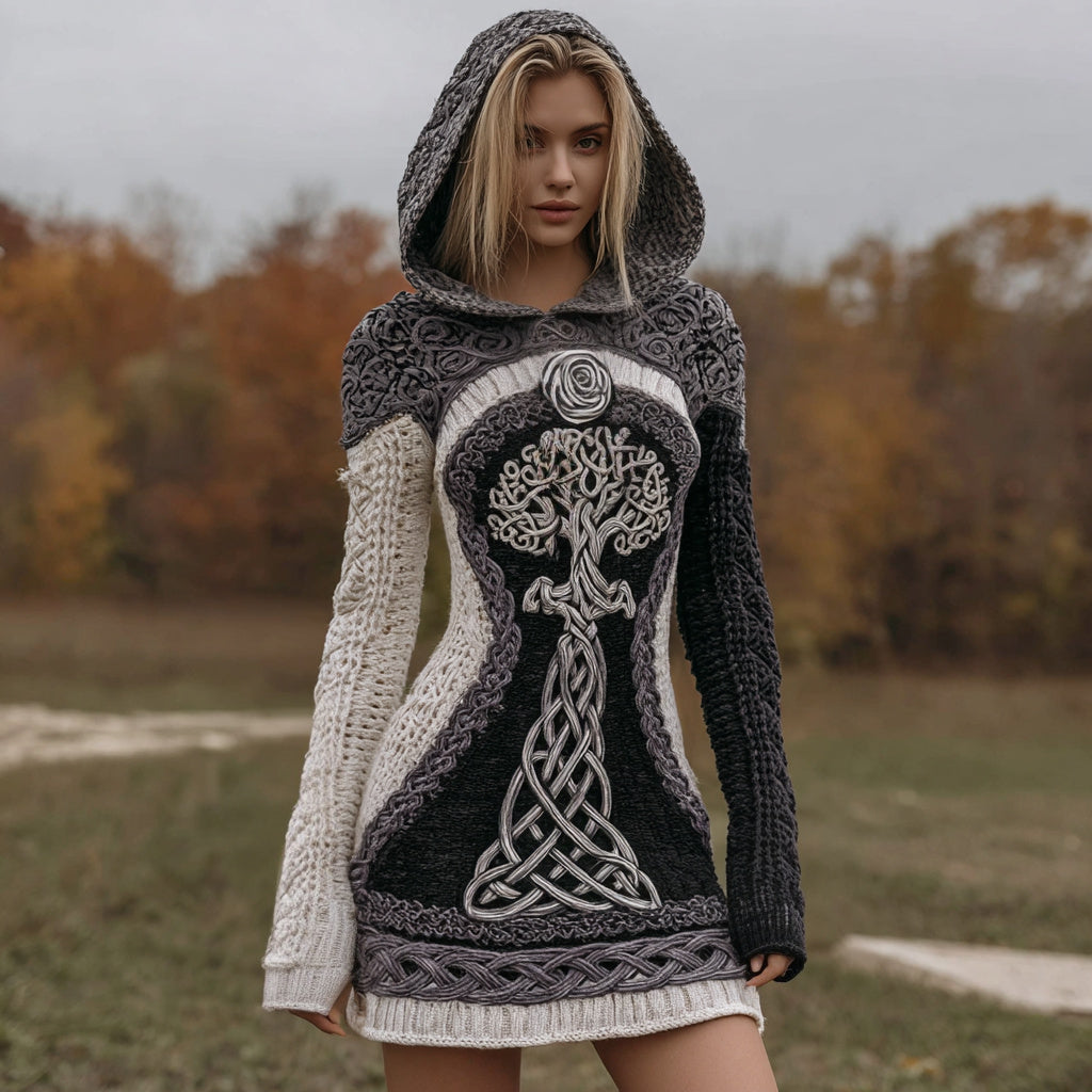 Women's Viking Celtic Knot Tree Of Life Art Cozy Knit Mini Hooded Sweater Dress artswardrobe