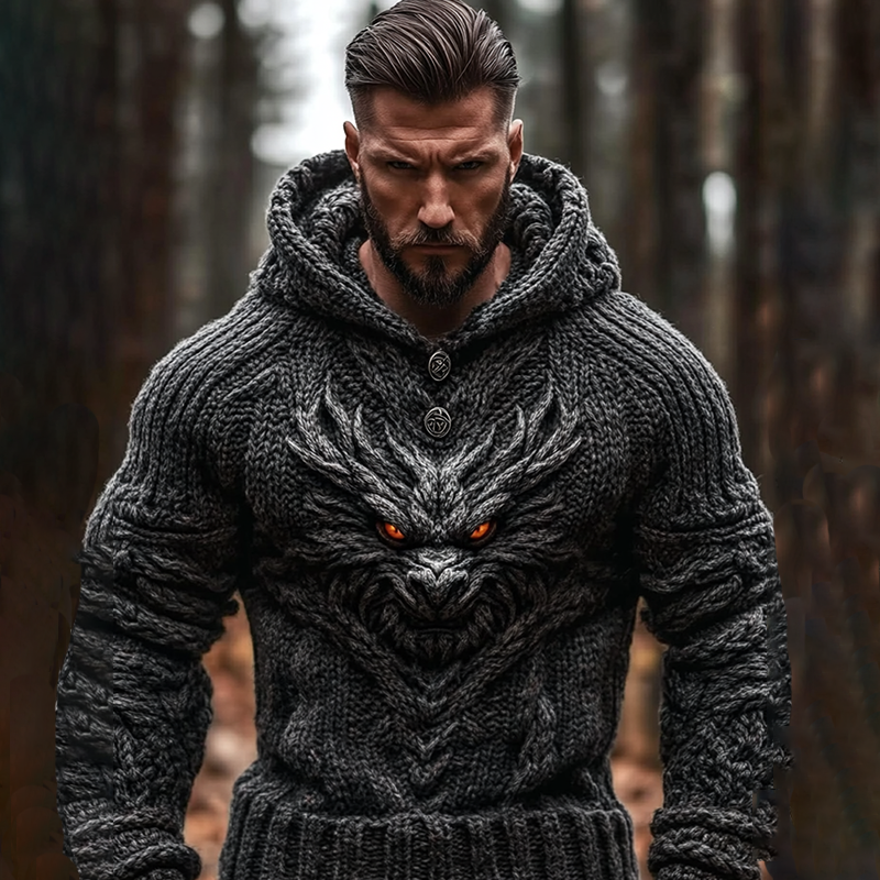 Men's Black Dragon Viking Celtic Chunky Hooded Sweater artswardrobe