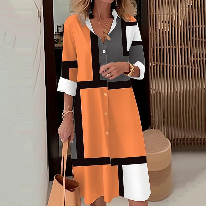 Comstylish Casual Geometric Square Long-Sleeved Casual Loose Dress