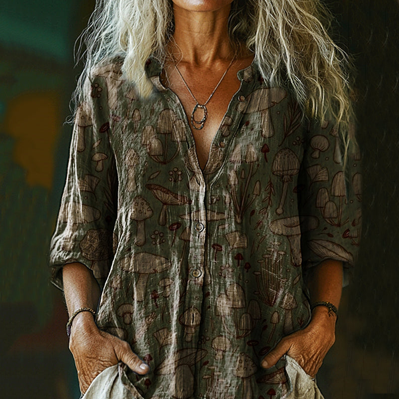 Women's Retro Mushroom Print Casual Cotton And Linen Shirt artswardrobe