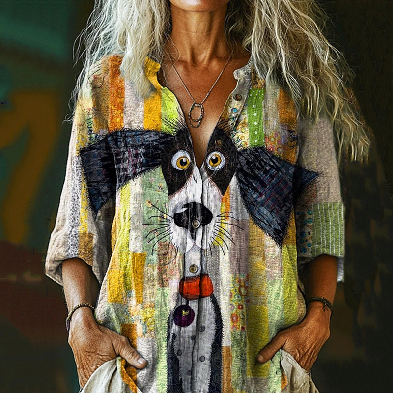Women's Vintage Puppy Art Print Cotton And Linen Shirt artswardrobe