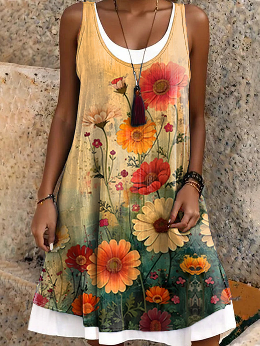 Women's Hippie Art Floral Print Tank Dress