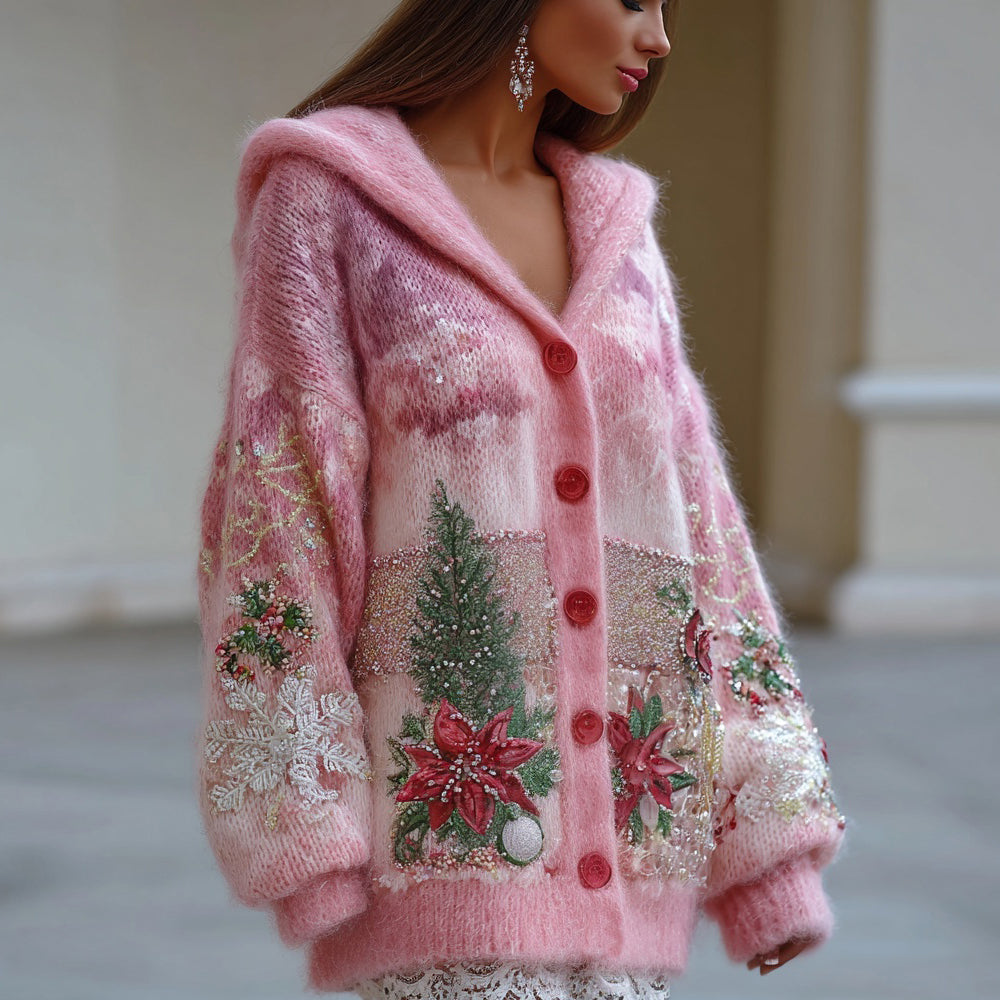 Christmas Inspired Embroidered Cozy Knit Hooded Cardigan artswardrobe