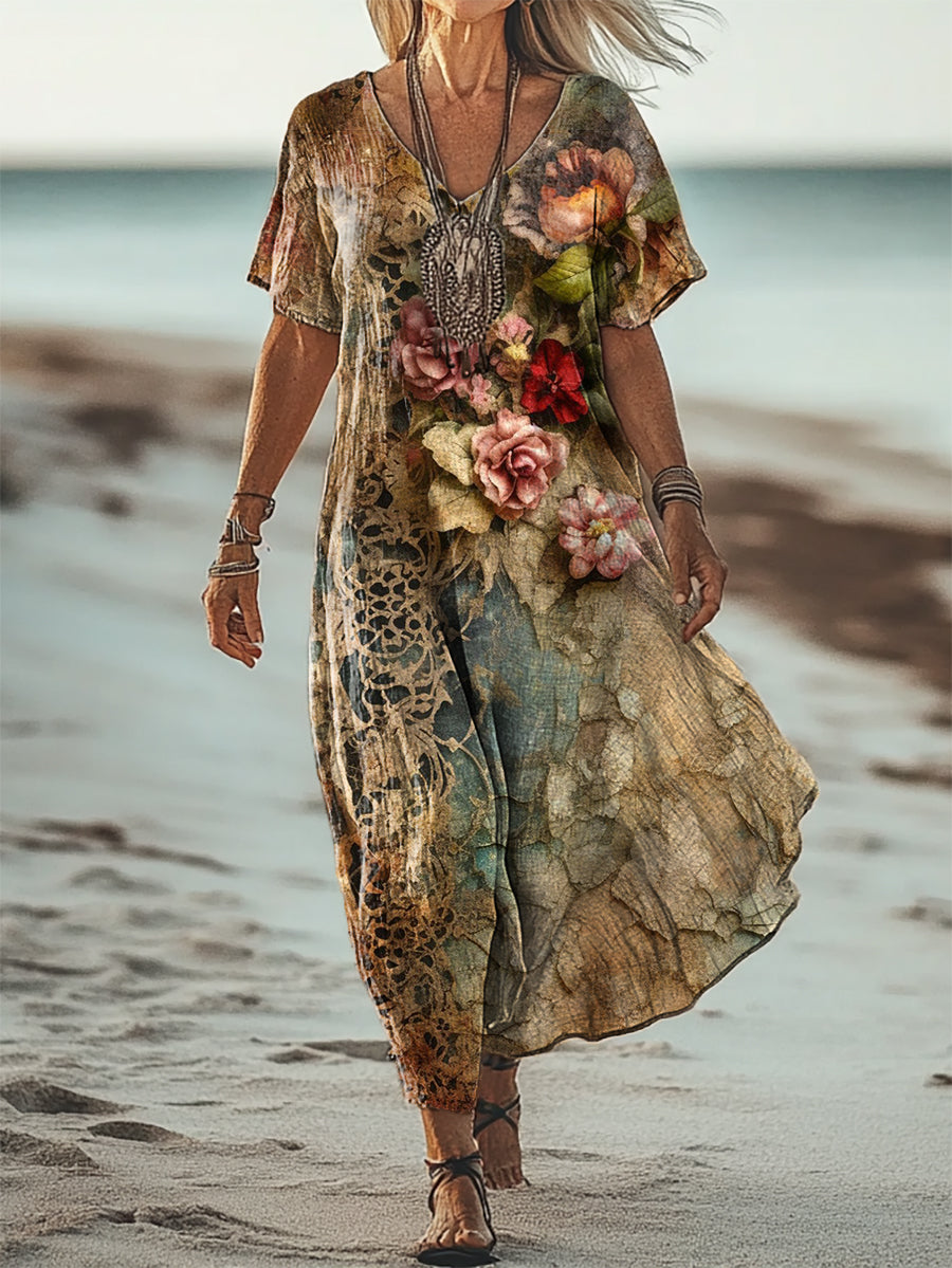 Women's Vintage Floral Art Patterns Print Short Sleeve Pocket Cotton L