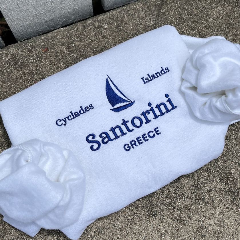 Comstylish Santorini Greece Embroidered Crew Neck Sweatshirt