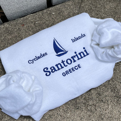Comstylish Santorini Greece Embroidered Crew Neck Sweatshirt