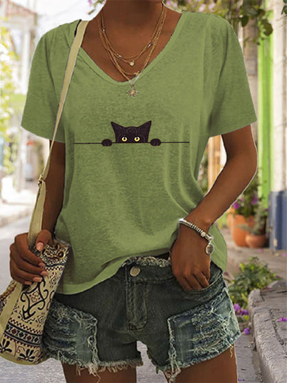 Comstylish Women's Casual Black Cat Print T-shirt