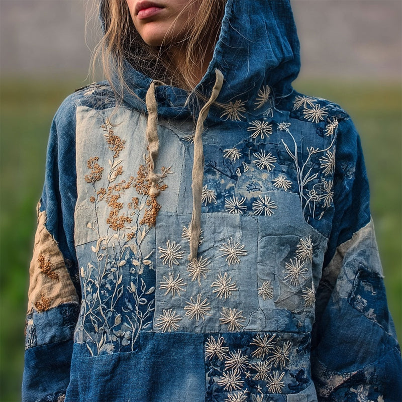 Comstylish Vintage Boho Floral Embroidered Patchwork Cozy Hoodie