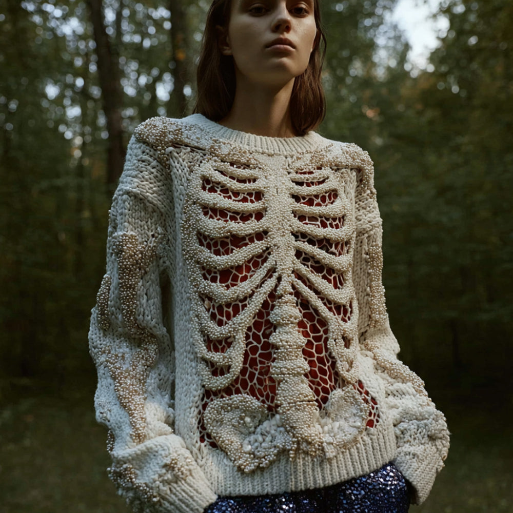 Women's Halloween Skeleton Grid Round Neck Sweater artswardrobe