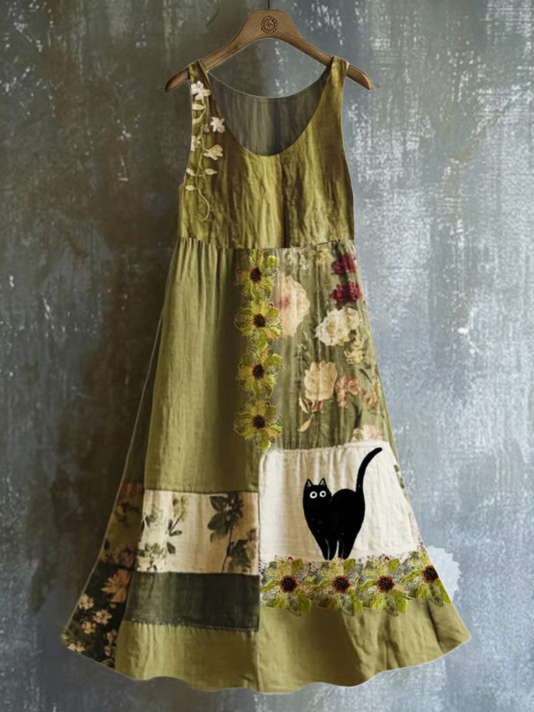 Comstylish Women's Japanese Art Embroidery Floral Cat Print Dress