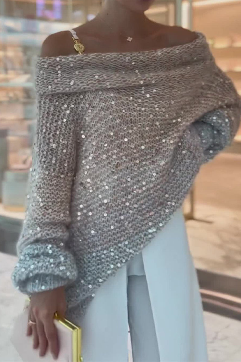Cecilia® | Casual Solid Color Sequin Off Shoulder Sweaters