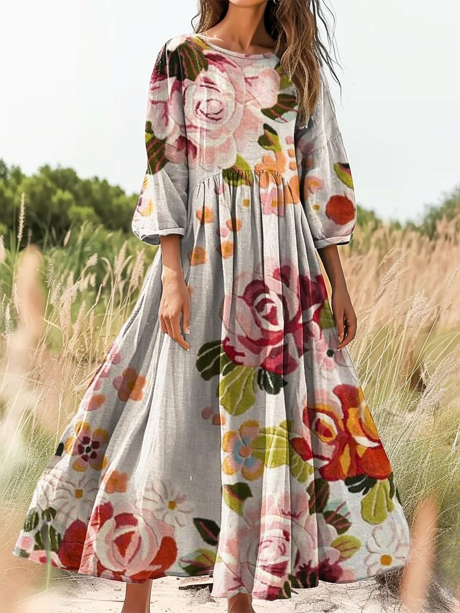 Women's Bohemian Floral Print Flowy Cotton Crew Neck Dress