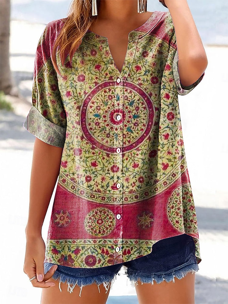 Women's Vintage Ethnic Floral Art Print Casual Cotton And Linen Shirt