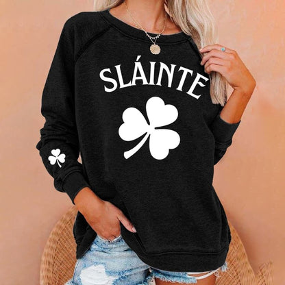Comstylish St. Patrick's Day Slainte Clover Print Crew Neck Casual Sweatshirt