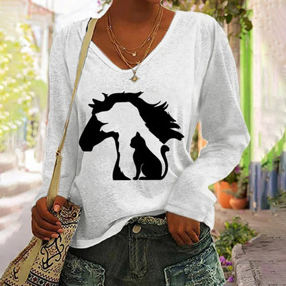 Funny Horse Dog Cat Print Long Sleeve T-Shirt elevenforest
