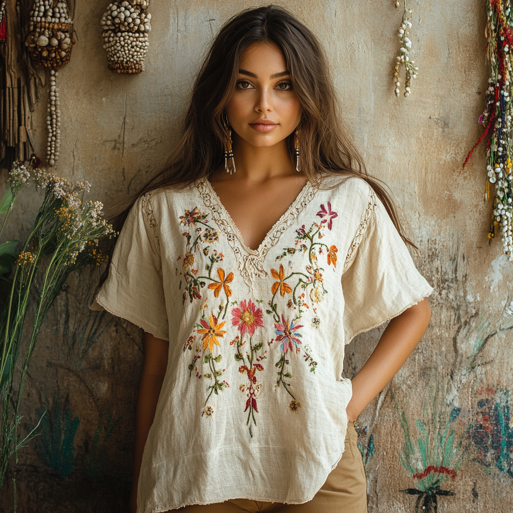 Women's Vintage Bohemian Floral Print V Neck T-shirt artswardrobe