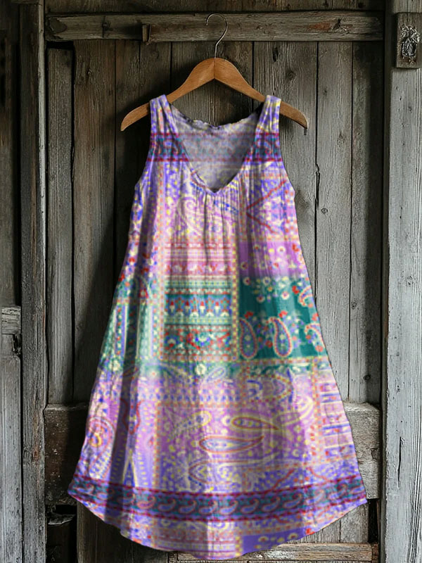 Women's Floral Embellished Pattern Art Print V-Neck Pocket Cotton Dres