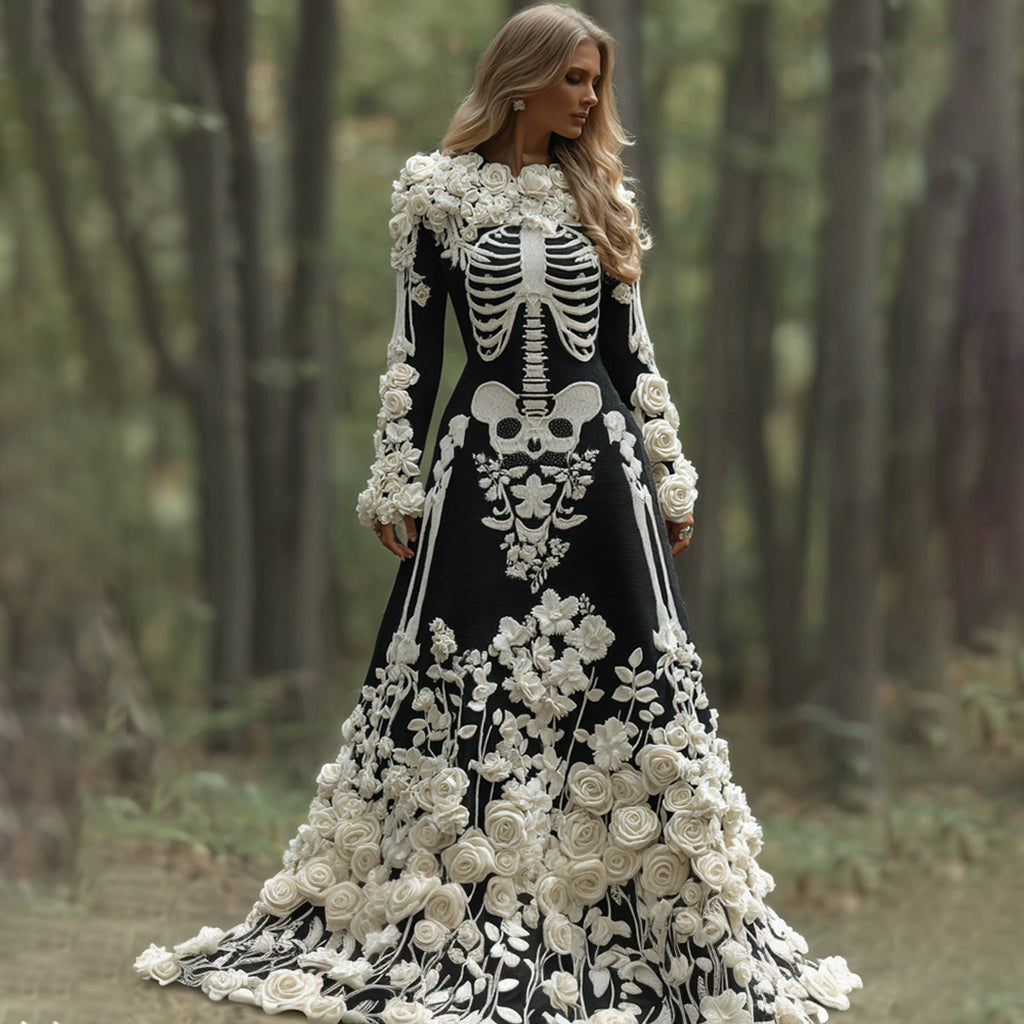 Comstylish Women's Vintage Halloween Skeleton Bones With Rose Art Cozy Knitted Warm Long Sleeve Maxi Dress