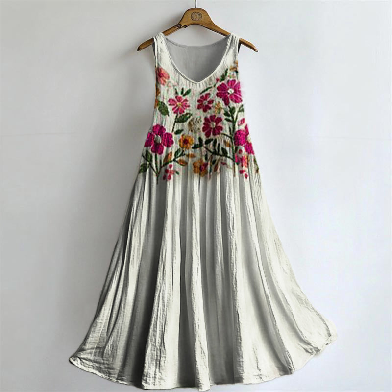 Women's Bohemian Floral Art Print Crew Neck Sleeveless Cotton Pocket D