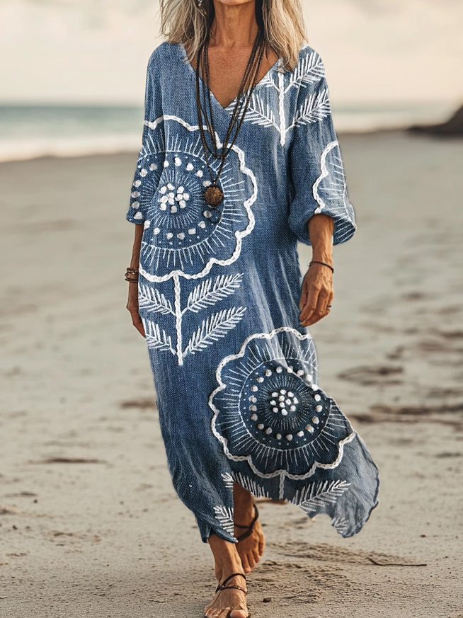 Women's Vintage Floral Art Print Pocket Cotton Dress